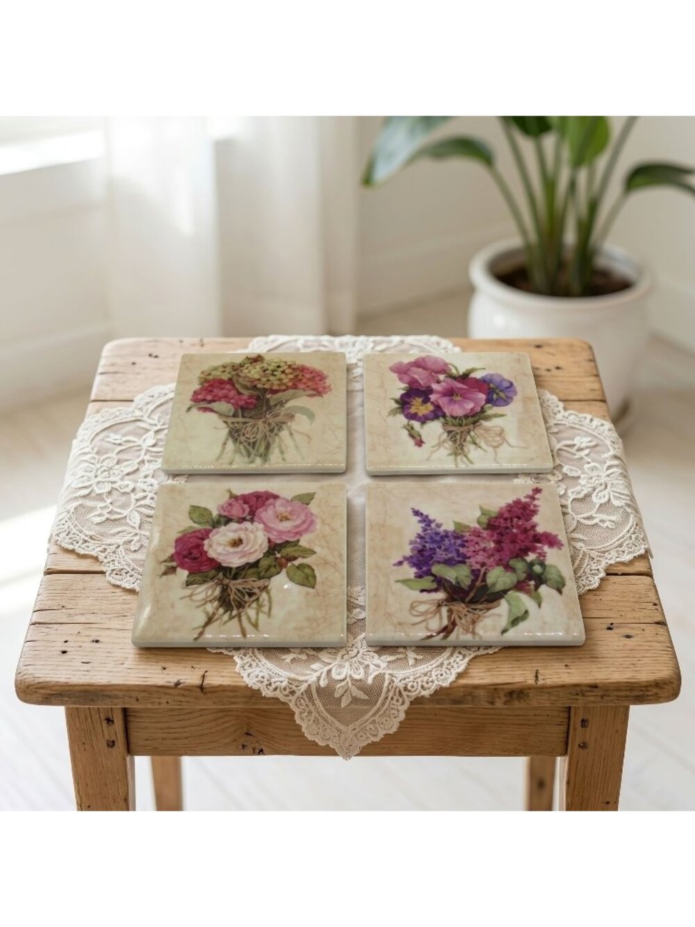 Floral Square Coasters With Rustic Bouquet Flower Designs Ceramic Set Of 4